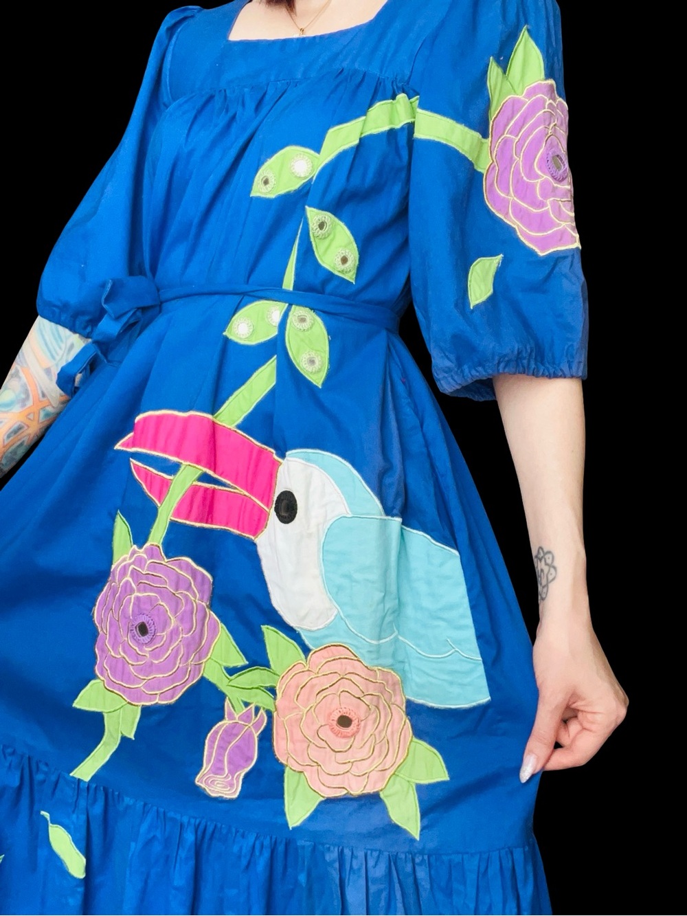 Vintage 1970s RAMONA RULL Toucan Bird Tropical Novelty Blue Cotton Caftan dress
